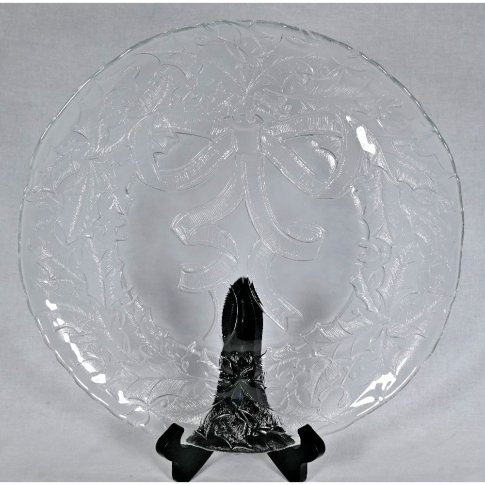 Arcoroc Glass Christmas Platter Holly Wreath Bow Happy Holidays 13"
